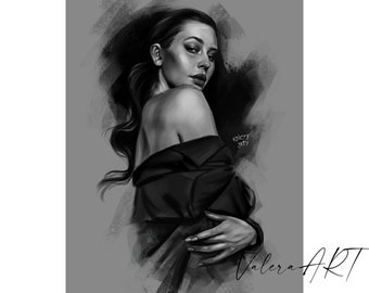 May include: Black and white digital illustration of a woman with long dark hair, wearing a black shirt, looking over her shoulder.