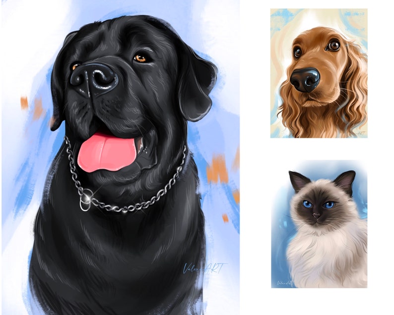 May include: Three digital paintings of pets. A black Labrador Retriever with a silver chain collar, a brown Cocker Spaniel with long, curly fur, and a white Siamese cat with blue eyes.
