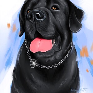 May include: A black Labrador Retriever with a silver chain collar, looking up with its tongue sticking out. The dog is painted in a realistic style against a blue and white background.