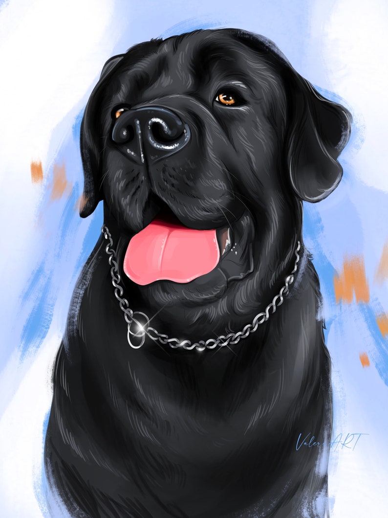 May include: A black Labrador Retriever with a silver chain collar, looking up with its tongue sticking out. The dog is painted in a realistic style against a blue and white background.