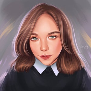 Puede incluir: Una pintura digital de una mujer con el pelo largo y casta&ntilde;o, que lleva un jersey negro con cuello blanco. Tiene los ojos verdes y mira directamente al espectador.