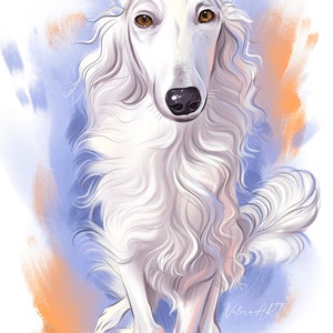 May include: A white dog with long, flowing hair, standing on a blue and orange background. The dog has brown eyes and a black nose. The dog is looking directly at the viewer.