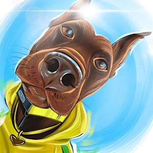 May include: A brown and black Doberman Pinscher dog wearing a yellow hoodie with a heart-shaped charm on the zipper. The dog is looking directly at the camera with a playful expression.