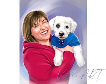 Custom digital portrait - 1 person and 1 pet, Personalized realistic art from photo as a great idea for a gift