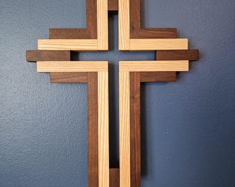 Handmade Walnut & Ash Wood Cross, Christian Wall Hanging