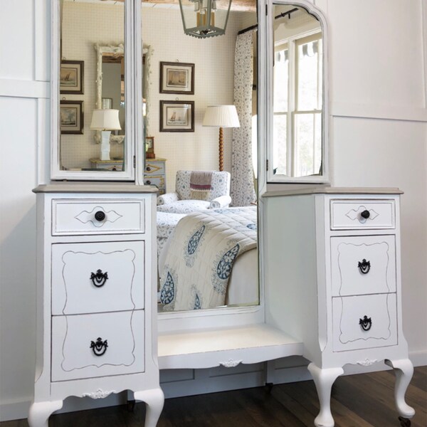 Antique Vanity With Trifold Mirror Etsy