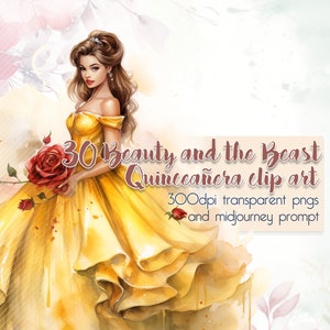 30 clipart Quinceañera La bella e la bestia + messaggio di metà viaggio, clipart Mis Quince Años, invito fai da te, immagini PNG trasparenti