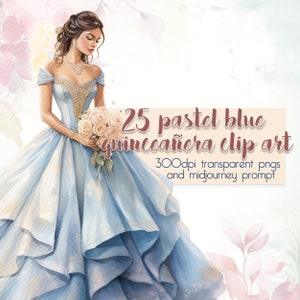 25 pastelblauwe quinceañera-collectie + midjourney-prompt -- Quince Años-illustraties / DIY-uitnodigingselementen / Transparante png-afbeeldingen