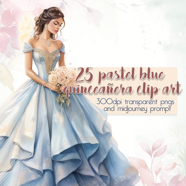 25 Pastel Blue Quinceañera Collection + Midjourney Prompt -- Quince Años Clip Art / DIY Invitation Elements / Transparent PNG Images