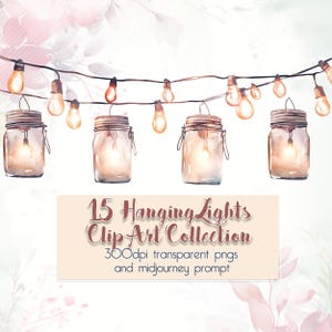 15 Luzes de Corda + Prompt de Meio da Jornada -- Clip Art Rústico de Casamento / Elementos de Convite DIY / PNG Transparente / Luzes de Fadas Penduradas em Frasco de Vidro