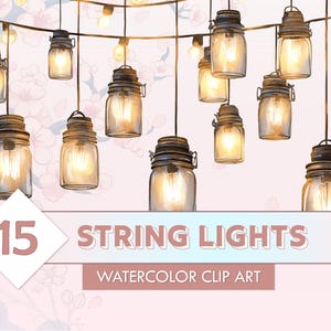 15 guirnaldas de luces rústicas: imágenes prediseñadas de boda, elementos de invitación DIY, PNG transparente, luces colgantes, tarro de cristal