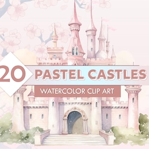 20 Pastel Watercolor Princess Castles -- Fantasy Clip Art / Fairytale Castle / Pink / Rainbow / Transparent PNG Images / Birthday Invitation