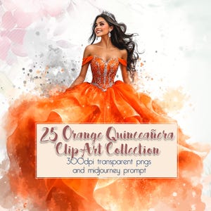 25 Coleção Orange Quinceañera + Aviso no meio da jornada - Mis Quince Años / Clip Art em aquarela / Elementos de convite DIY / PNG transparente