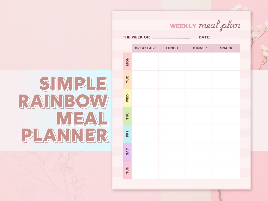 Simple Printable Rainbow Meal Planner -- Weekly Food Diary, Monthly ...