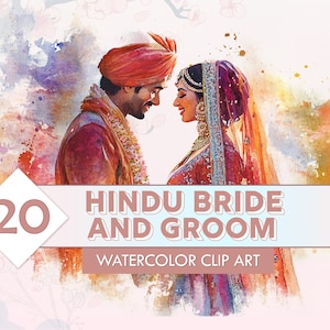 20 Noivos em aquarela em hindi - Clip Art de casamento / Elementos de convite faça você mesmo / Casamentos indianos / PNG transparente / Imagens de casal