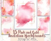 15 Pink and Gold 5x7 Invitation Backgrounds -- DIY Watercolor Wedding / Baby Shower Invite / Bridal Shower Backdrop / Instant Download JPEG
