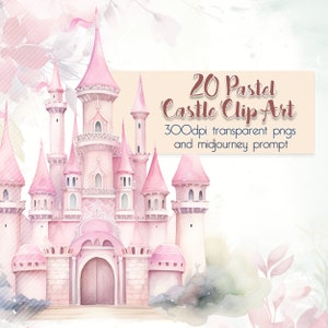 20 Pastell Aquarell Prinzessin Schlösser + Midjourney Prompt -- Fantasy Clip Art / Märchenschloss / Pink / Regenbogen / Transparente PNG Bilder