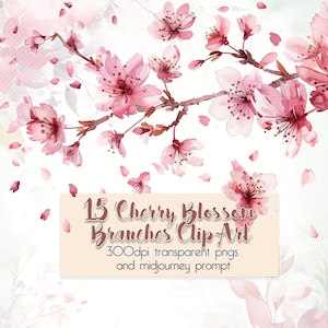 15 Aquarell Kirschblütenzweige + Midjourney Prompt – Sakura ClipArt / DIY Einladungen / Frühlingshochzeiten / Zen / Transparentes PNG