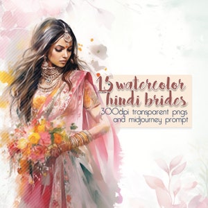 15 noivas em aquarela em hindi + aviso no meio da viagem - Clip Art de casamento / Elementos de convite DIY / Casamentos indianos / Álbum de recortes / PNG transparente