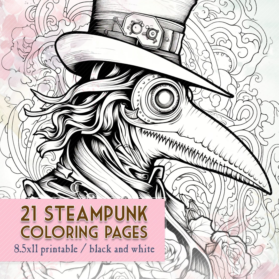 21 Steampunk Coloring Pages -- Adult Coloring Book / Black and White ...