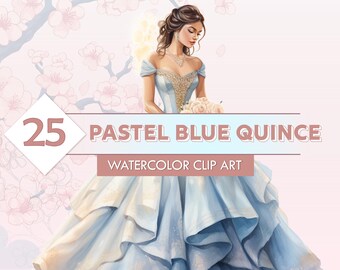 25 Pastel Blue Quinceañera Bundle | Quince Años Clip Art, Elegant DIY Invitation, Transparent PNG Images, Pastel Blue, Floral Princesa