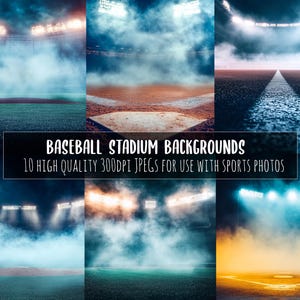 May include: Ten high-quality 300dpi JPEG images of baseball stadium backgrounds. The images feature a variety of angles and lighting conditions, including a view from the outfield, a view from behind home plate, and a view from the stands. The images are perfect for use with sports photos.