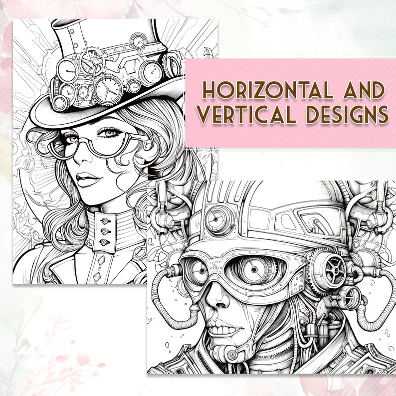 21 Steampunk Coloring Pages -- Adult Coloring Book / Black and White ...