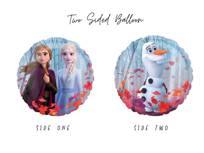 May include: A round two-sided balloon featuring the text Two Sided Balloon. Side one displays two characters with brown and blonde hair in a forest with orange leaves. Side two shows a white snowman character in the same forest setting.