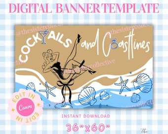 Cocktails und Küsten Banner Vorlage | Küsten Bachelorette Brautparty Dekor (Digitaler Download)