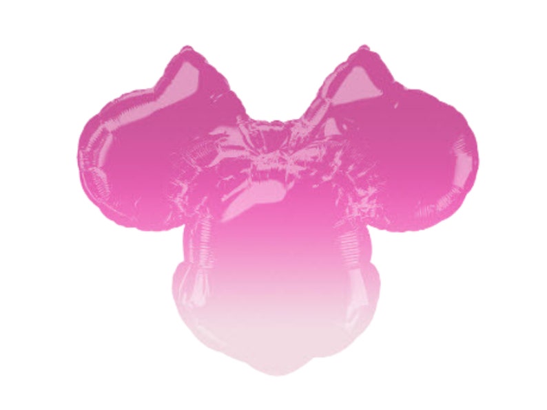 Puede incluir: Un globo de aluminio con forma de lazo y orejas redondeadas, que presenta un degradado de color que va desde un rosa magenta intenso en la parte superior hasta un rosa claro casi blanco en la parte inferior, con una superficie met&aacute;lica lisa.