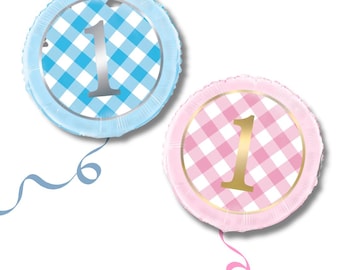 First Birthday Gingham Mylar Balloons | Checkered Gold Number 1 Decor
