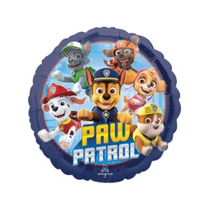 May include: A round foil balloon featuring a blue background with the Paw Patrol logo in yellow and white text. The design displays six animated dog characters including Chase, Marshall, Rubble, Skye, Rocky, and Zuma in various poses.