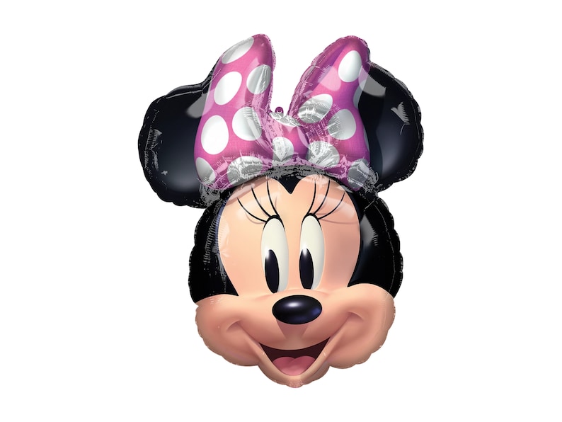 May include: A foil balloon shaped like the head of a cartoon mouse with black ears, a pink bow featuring white polka dots, long eyelashes, a small black nose, and a smiling mouth with a light pink face and a dark pink tongue.