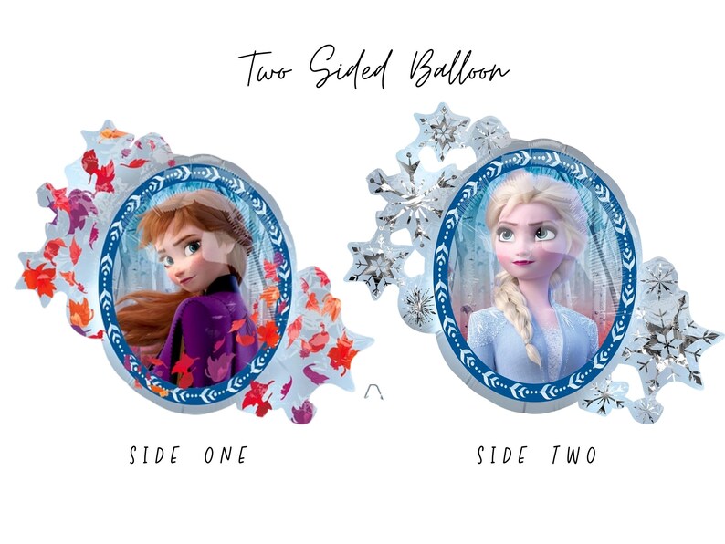 Pu&ograve; includere: Un palloncino a due facce con Anna su un lato circondata da foglie autunnali rosse e arancioni, ed Elsa sull'altro lato circondata da fiocchi di neve argentati. Il testo "Two Sided Balloon", "SIDE ONE" e "SIDE TWO" &egrave; stampato sull'immagine.
