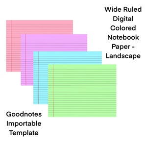 Peut inclure: Quatre modèles de papier numérique pour carnet en rose, violet, bleu et vert. Les modèles sont à lignes larges et conçus pour une orientation paysage. Le texte "Modèle importable Goodnotes" est en bas à gauche de l'image. Le texte "Papier de carnet numérique couleur à lignes larges - Paysage" est en haut à droite de l'image.