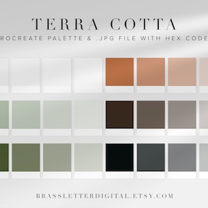 Może przedstawiać: Cyfrowa paleta kolorów z 12 próbnikami kolorów w odcieniach bieli, zieleni, brązu i szarości. Paleta jest oznaczona jako "TERRA COTTA PROCREATE PALETTE & .JPG FILE WITH HEX CODES" i "BRASSLETTERDIGITAL.ETSY.COM".