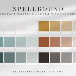 May include: A digital color palette with 12 color swatches. The colors are a mix of warm and cool tones, including white, beige, light blue, dark blue, brown, and gray. The palette is labeled "SPELLBOUND" and "PROCREATE PALETTE & .JPG FILE WITH HEX CODES".