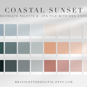 Paleta de colores Coastal Sunset (Paleta Procreate y JPG con códigos hexadecimales) // Muestras procreadas, Muestras de color, Colores de marca
