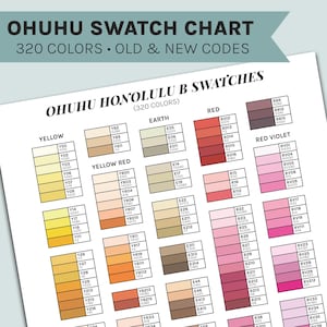 May include: A color swatch chart with the text "OHUHU SWATCH CHART" and "320 COLORS." The chart displays color samples in various hues, including yellow, red, and red violet, with corresponding color codes. The chart is labeled "OHUHU HONOLULU B SWATCHES."