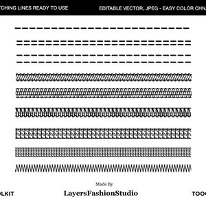 May include: A set of 10 different stitching lines, ready to use for digital design projects. The lines are black and white and are editable in vector format.