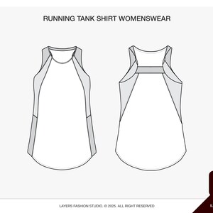 May include: A technical drawing of a white running tank top with grey accents. The text "RUNNING TANK SHIRT WOMENSWEAR" is at the top. The design is shown from the front and back. The Adobe Illustrator logo is in the bottom right corner.