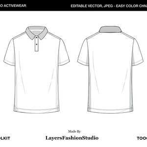 Könnte beinhalten: Linienzeichnung eines weißen Poloshirts mit Knopfleiste. Das Shirt wird von vorne und hinten gezeigt. Der Text "TOOOLKIT" und "LayersFashionStudio" befindet sich am unteren Rand des Bildes.