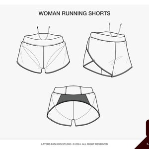 May include: Line drawing of running shorts with a high waist and a built-in liner. The shorts have a drawstring waistband and a side panel detail.  WOMAN RUNNING SHORTS