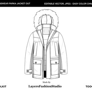 May include: A black and white line drawing of a parka jacket with a fur-lined hood. The jacket has a zip fastening, a flap pocket on the chest, and two flap pockets at the waist. The jacket is designed for men's wear.