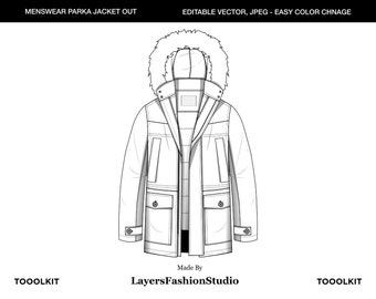 Parka Jacket Vector Mockup: Fashion Illustrator Tech Pack (AI, JPEG)