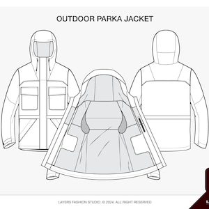 May include: Line drawing of an outdoor parka jacket, showcasing front, back, and open-front views. The jacket features a hood, multiple pockets, and a zipper closure. The text "OUTDOOR PARKA JACKET" is at the top. The image is a fashion design illustration.