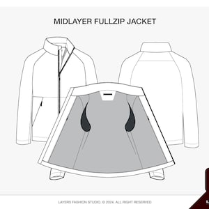 May include: Line drawing of a midlayer fullzip jacket. The image shows three views of the jacket: front, back, and an open view of the interior. The jacket has a high collar, a front zipper, and a pocket on the front. The text "MIDLAYER FULLZIP JACKET" is at the top.