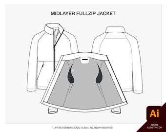 Editable Midlayer Jacket Tech Pack: AI Vector Flat Sketch