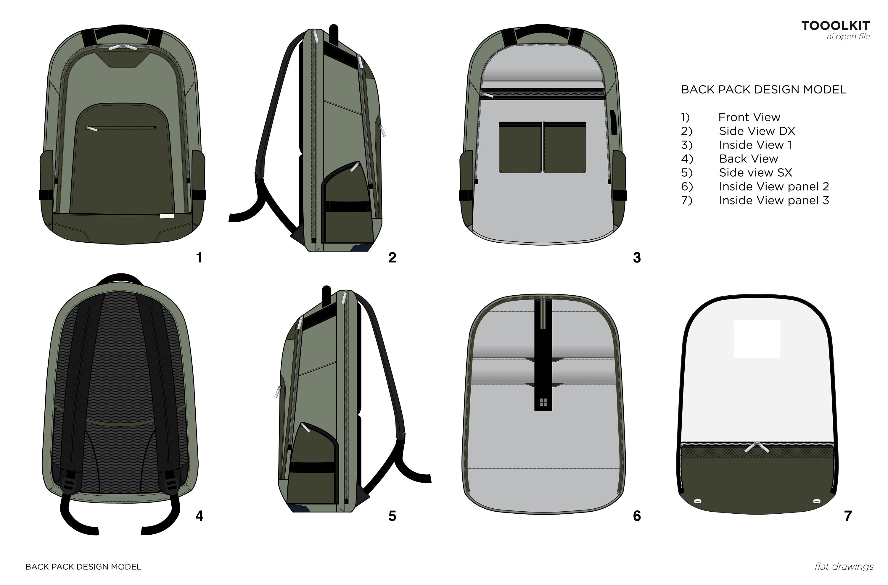 Backpack Outdoor Flat Drawings, Sketch Backpack, Complete View