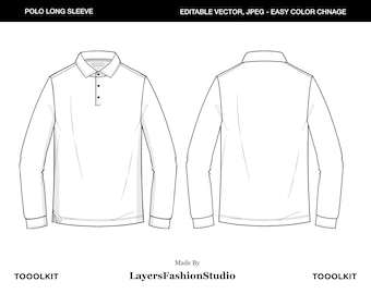 Polo Long Sleeve Vector Mockup: Fashion Tech Pack (AI, JPEG)